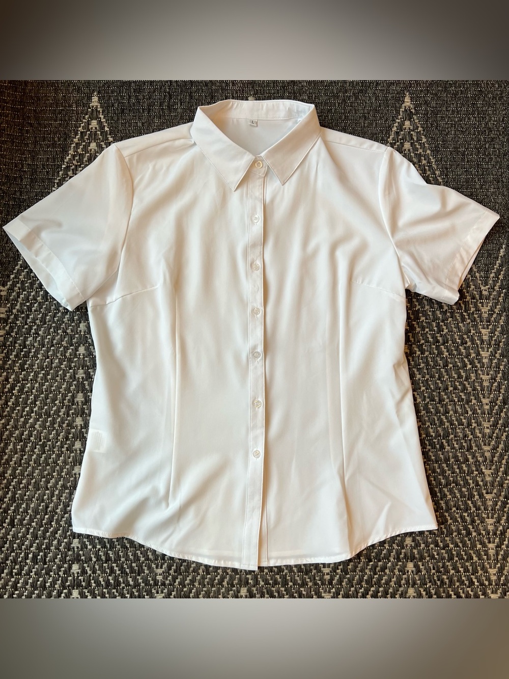 SheIn Women's White Stretch Button-Up Collared Short Sleeve Shirt L NEW